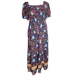 ZESICA Blue Pink Floral Smocked Short‎ Sleeve Pullover Dress Womens Size XL